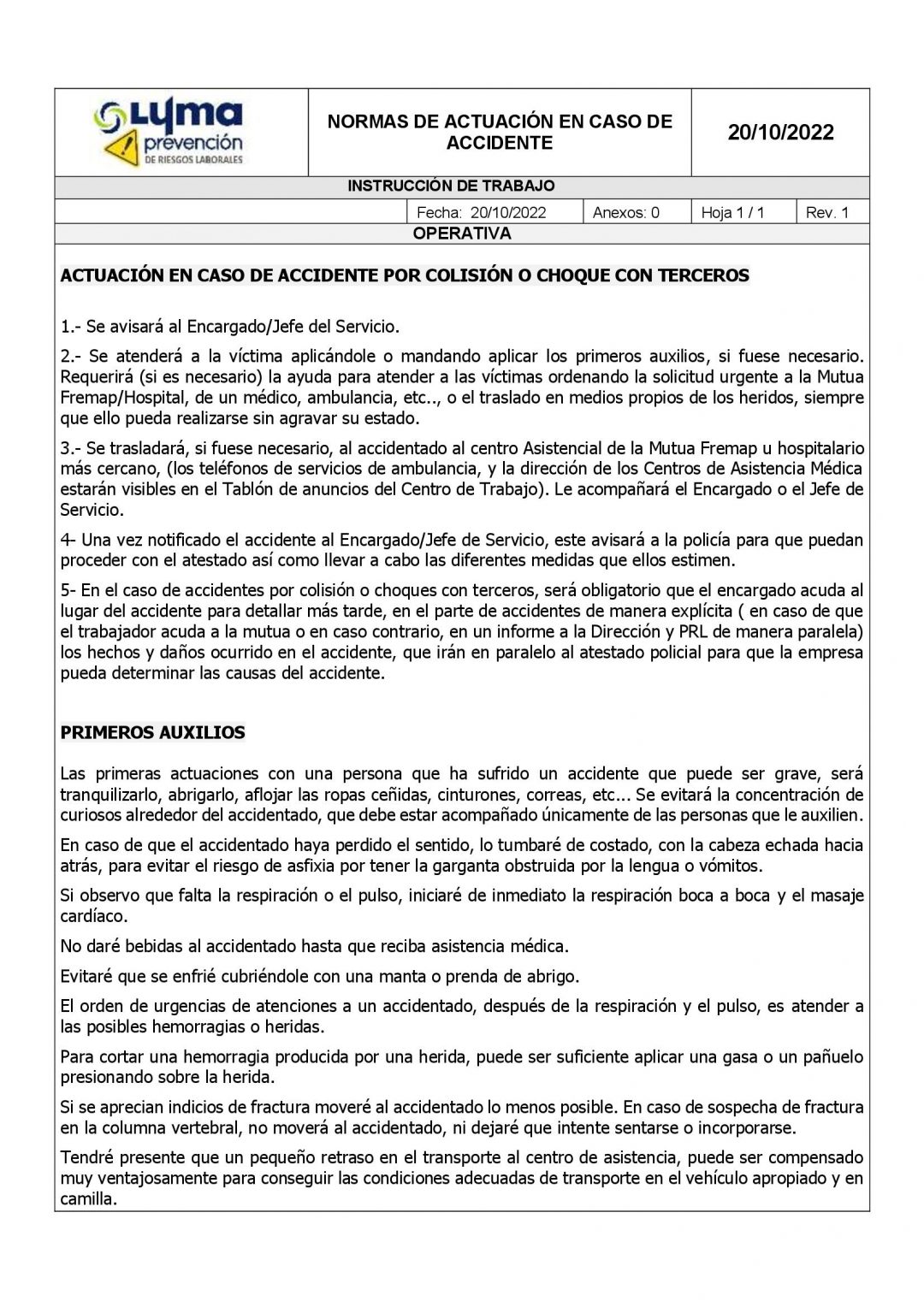 NORMAS ACTUACIÓN EN CASO DE ACCIDENTE