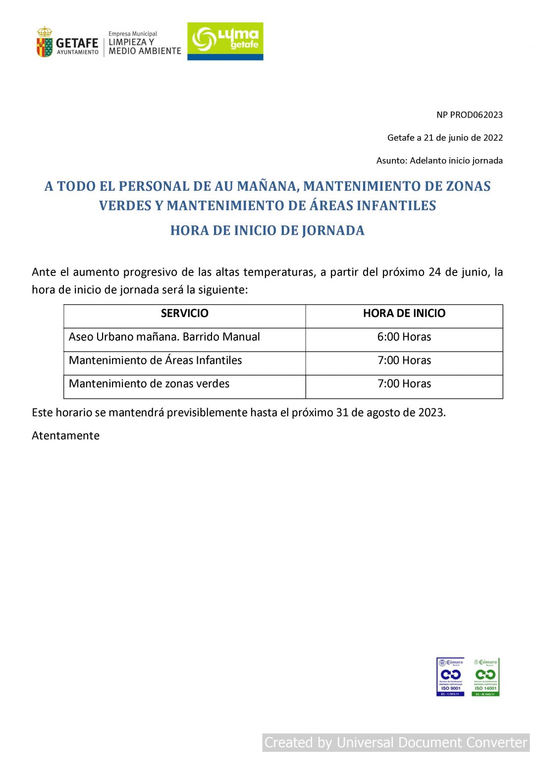 CAMBIO DE HORARIO POR TEMPERATURAS