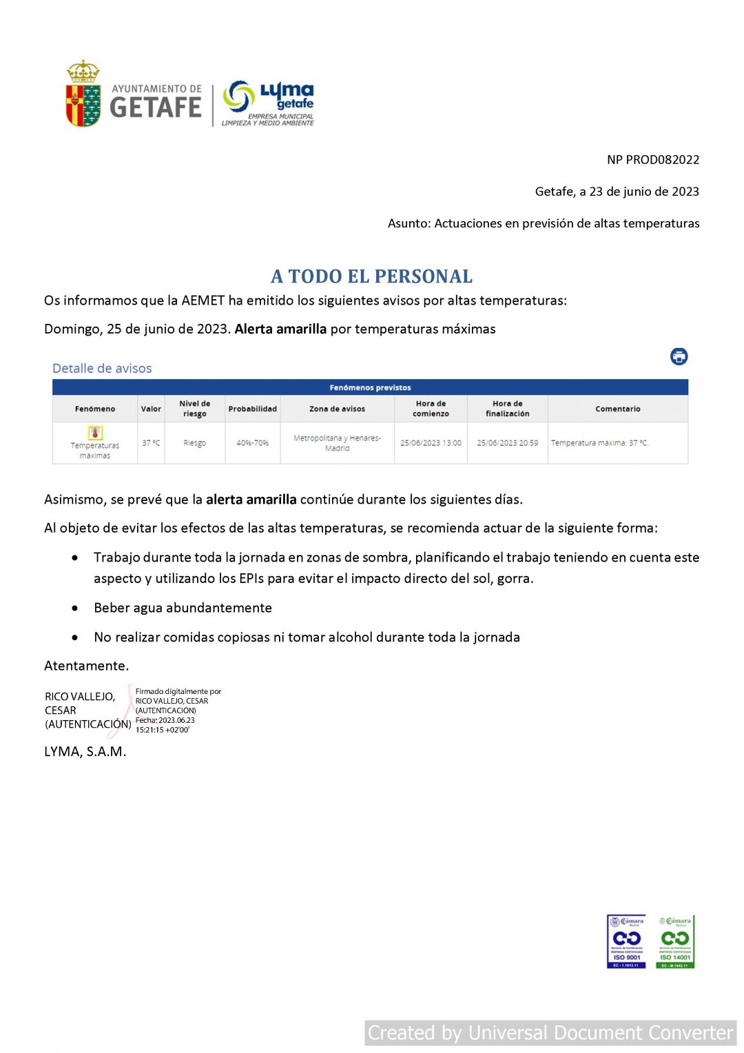 ACTUACIONES EN ALTAS TEMPERATURAS