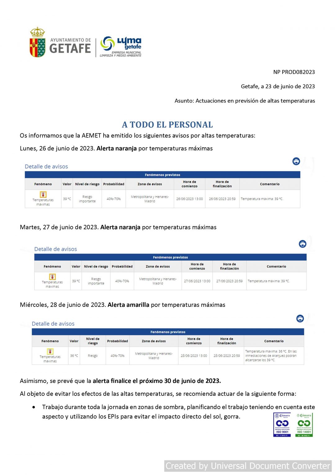 ACTUACION EN ALTAS TEMPERATURAS
