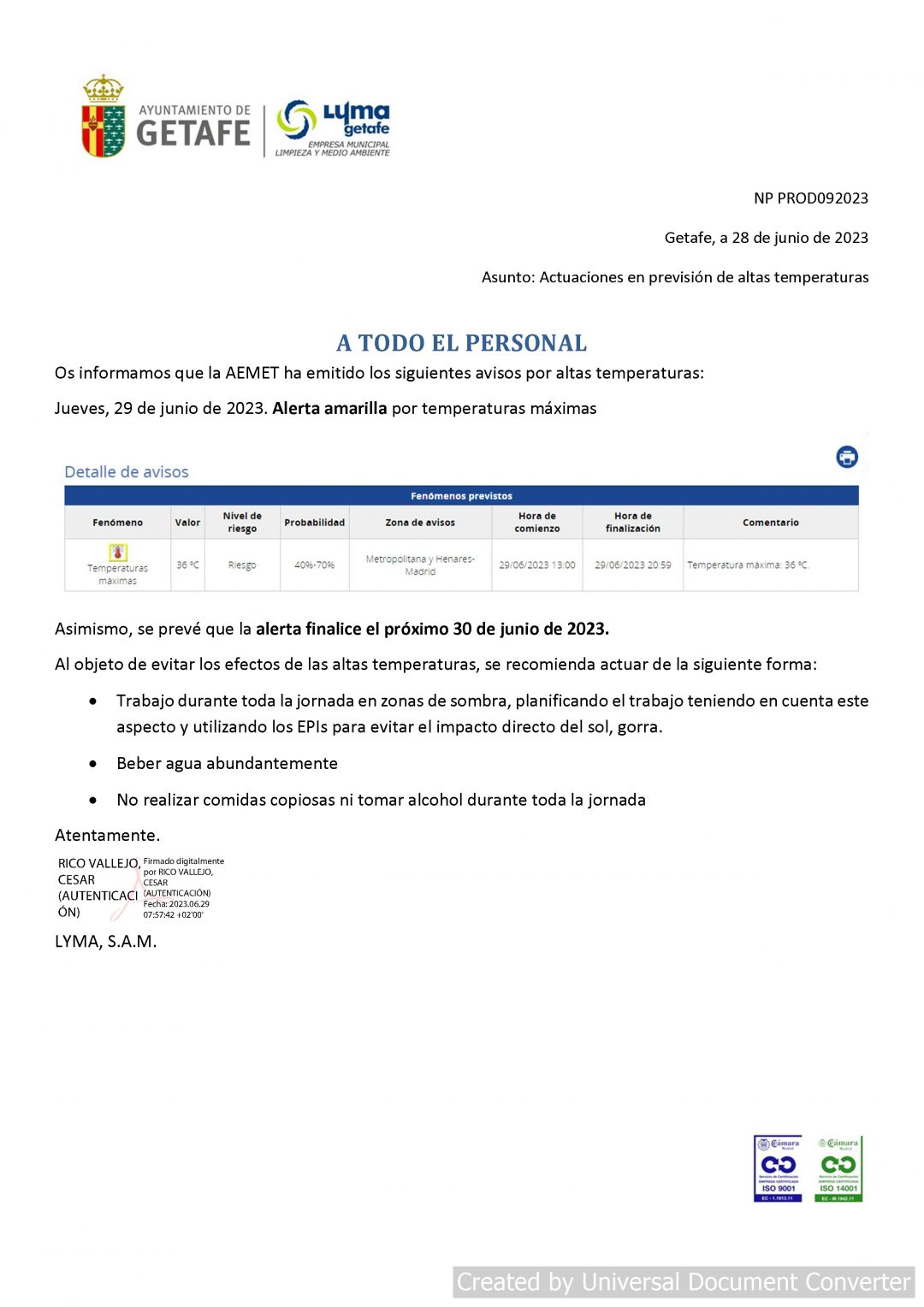 ACTUACIONES EN ALTAS TEMPERATURAS