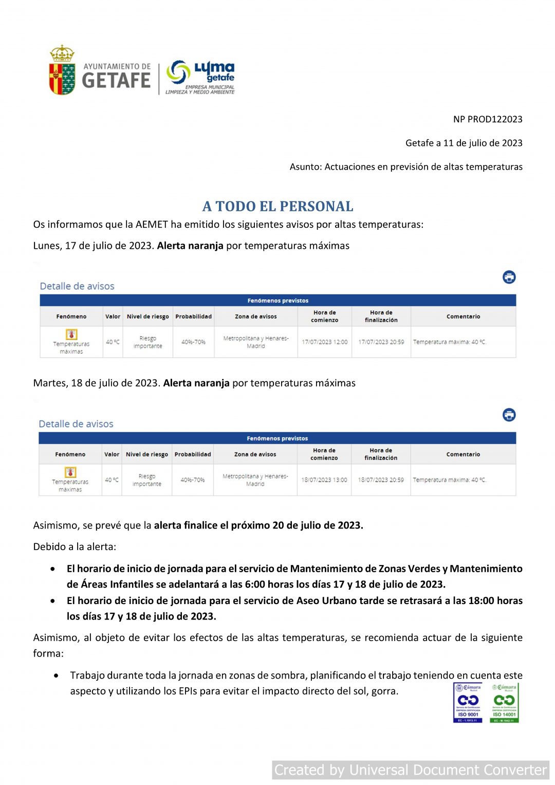 ACTUACION ALTAS TEMPERATURAS