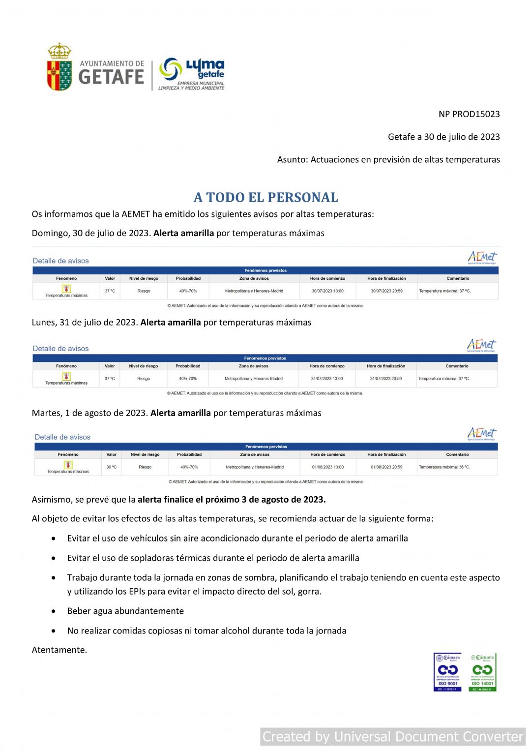 Actuaciones Altas Temperaturas
