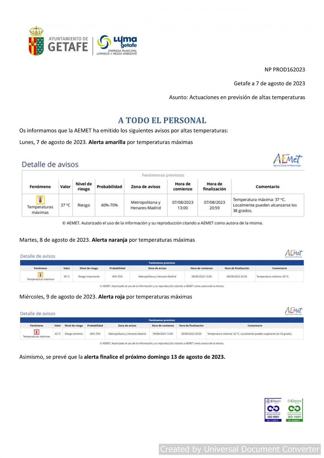 ACTUACIONES ALTAS TEMPERATURAS