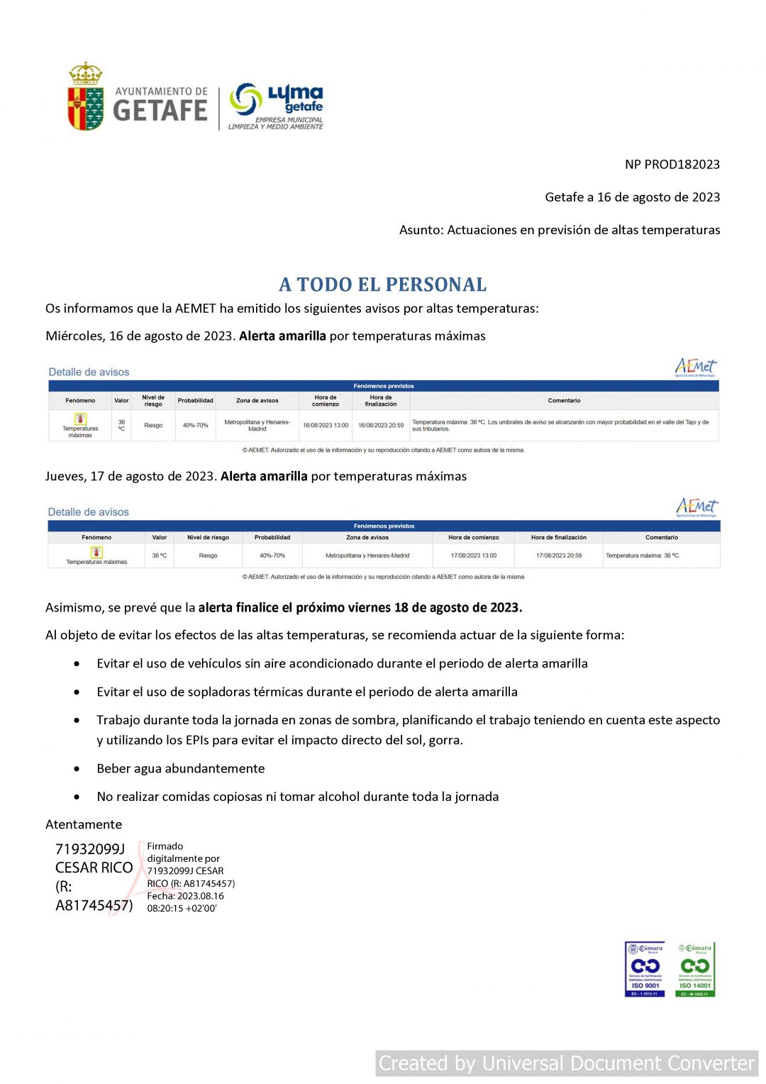 ACTUACIONES EN ALTAS TEMPERATURAS