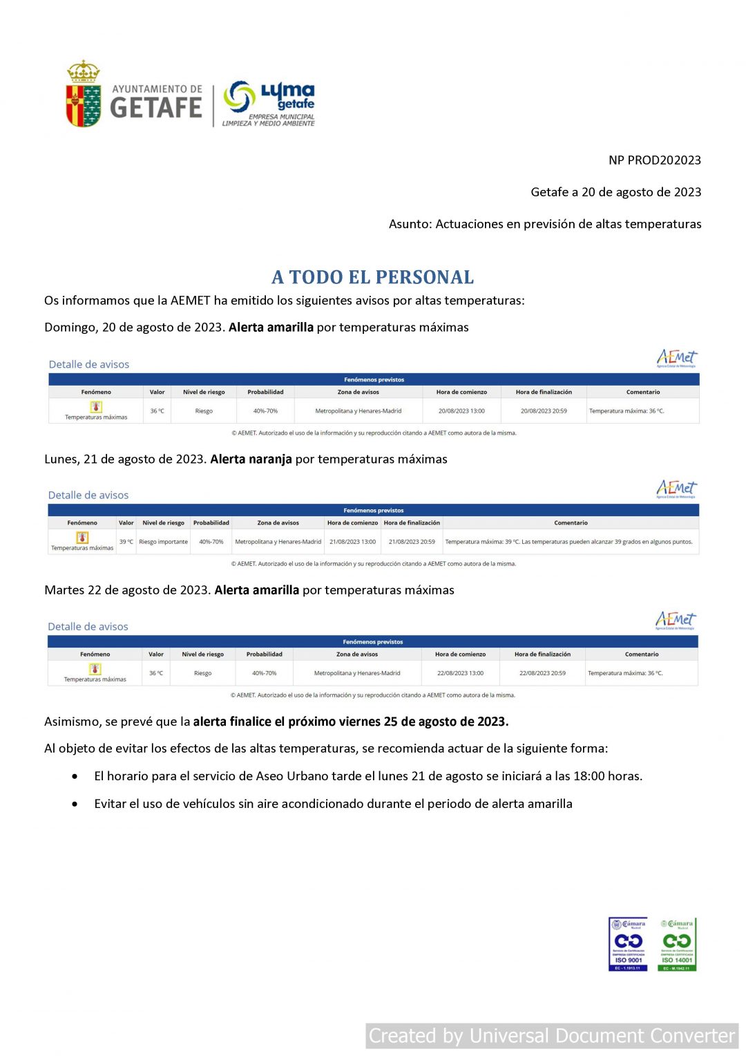 MODIFICACION DE HORARIO POR ALTAS TEMPERATURAS