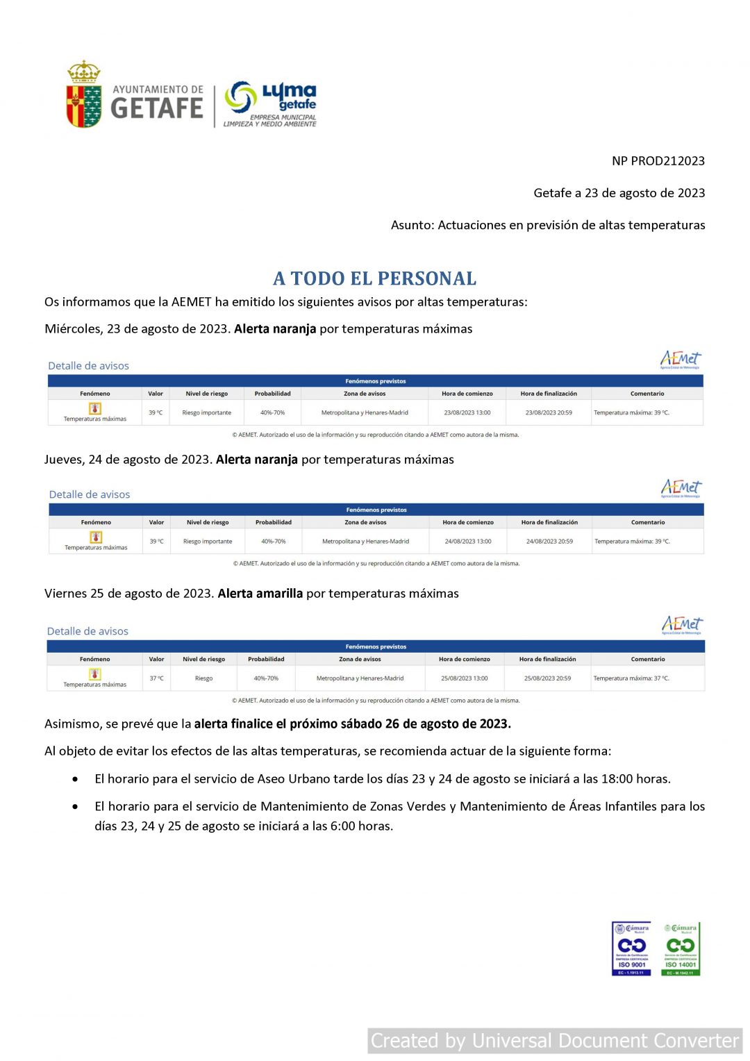 ACTUACIONES EN ALTAS TEMPERATURAS – MODIFICACION HORARIO DE TRABAJO