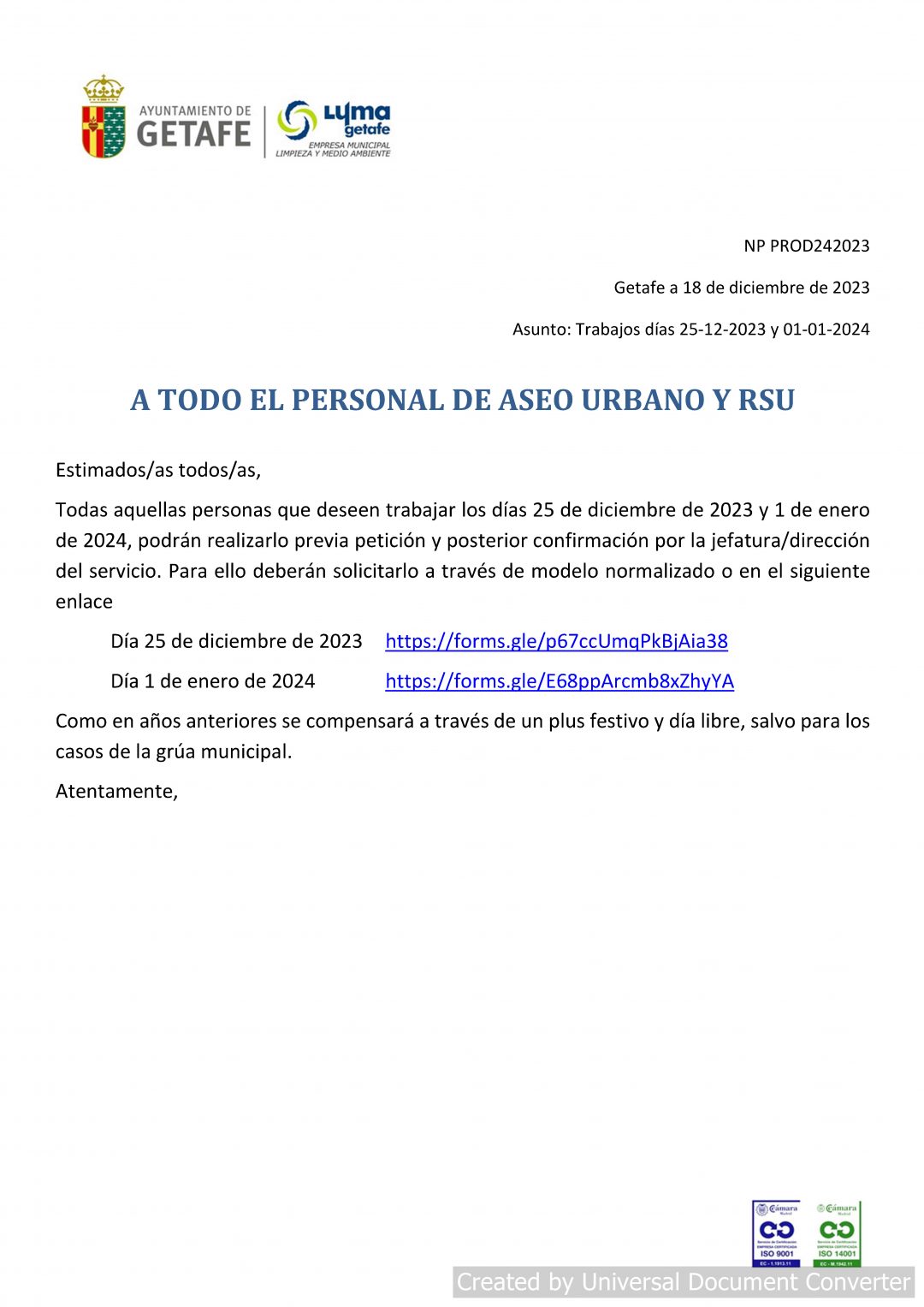 Trabajos 25 de Diciembre y 1 de Enero